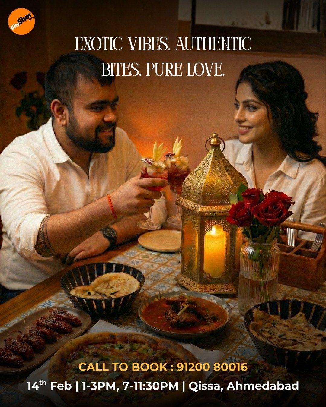 Couple toasting at Qissa with lantern and roses