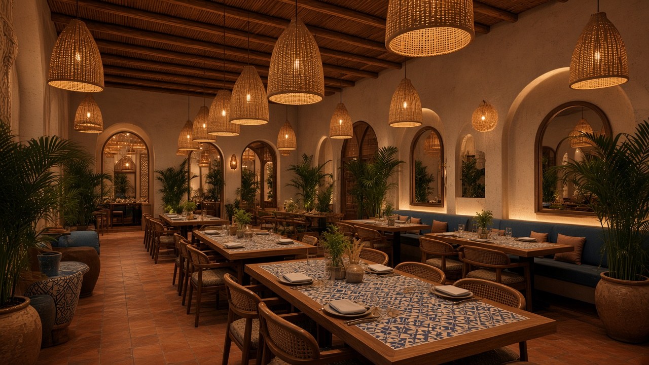 Qissa dining hall with woven pendant lamps and blue patterned tables